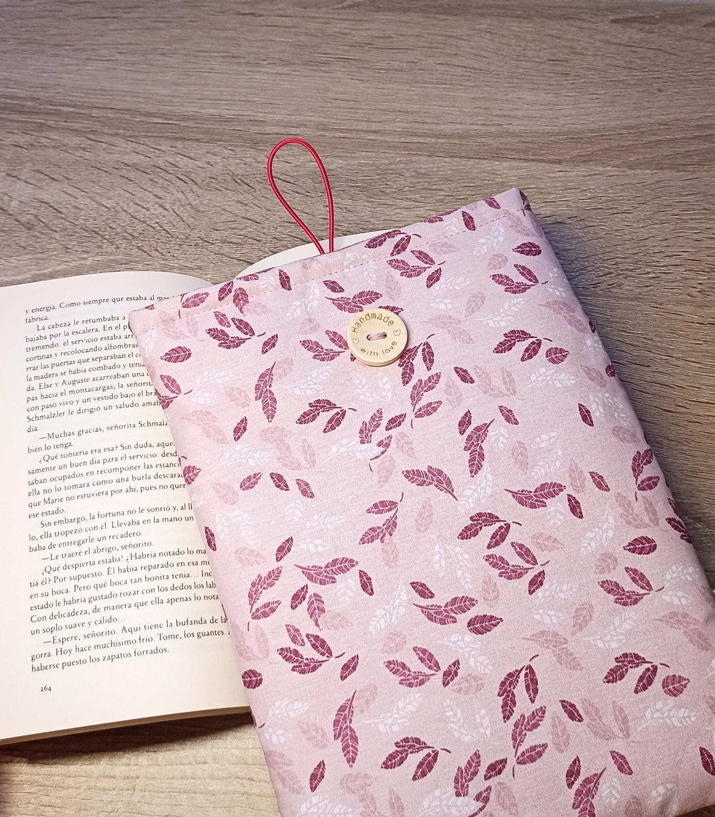 Funda para libro de tela rosa - hojas